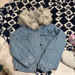 Zaful Blue Jean Jacket with Gray Fur Collar